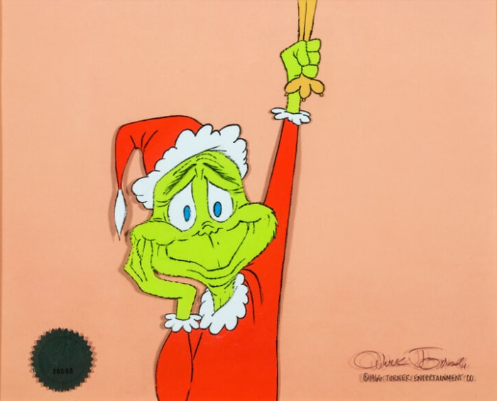 Dr. Seuss' "How the Grinch Stole Christmas" blue-eyed Grinch production cel signed by Chuck Jones (MGM, 1966) has an estimate of $5,000+.