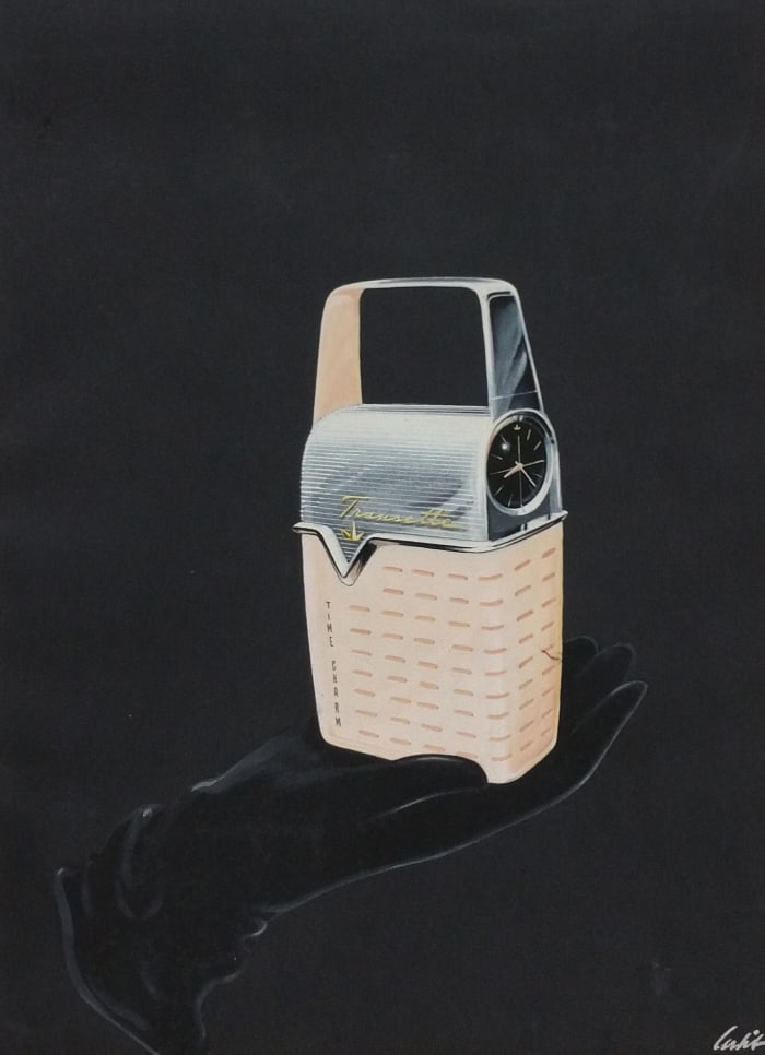 Rare large-format original Richard Arbib Transistor Radio Watch painting, 1955, signed. This is from the Jeffrey Hess Collection and was purchased directly from Arbib; estimate: $1,000-$2,000.