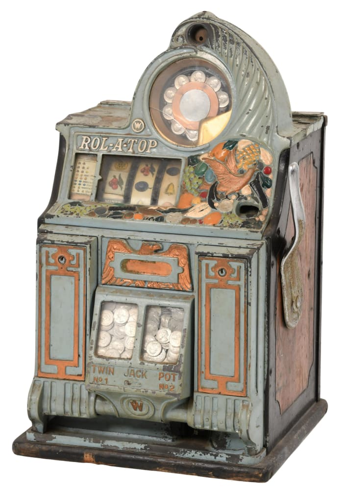 Watling 25 Cent  “Roll-A-Top” slot machine, early 20th century, 25-1/2” x 16” x 15”; est: $1,200-$1,500.