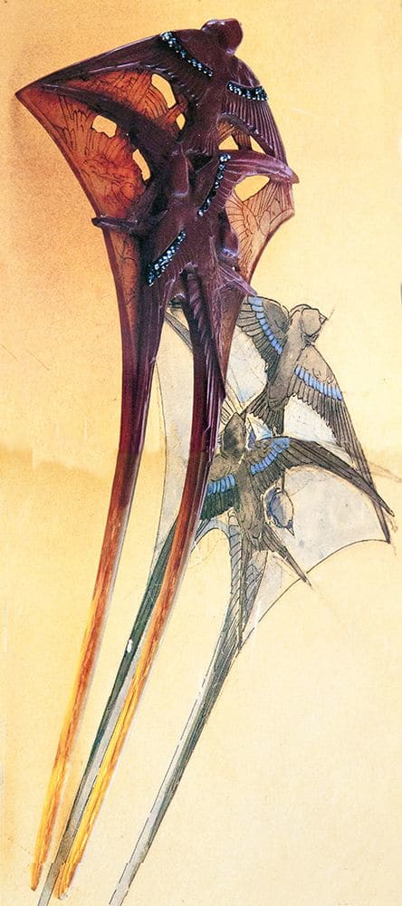 Another swallows' hair comb by Lalique that he crafted from one piece of horn in two different shades, circa 1902, depicts three painted swallows with diamond-adorned wings. It's shown with his original sketch.