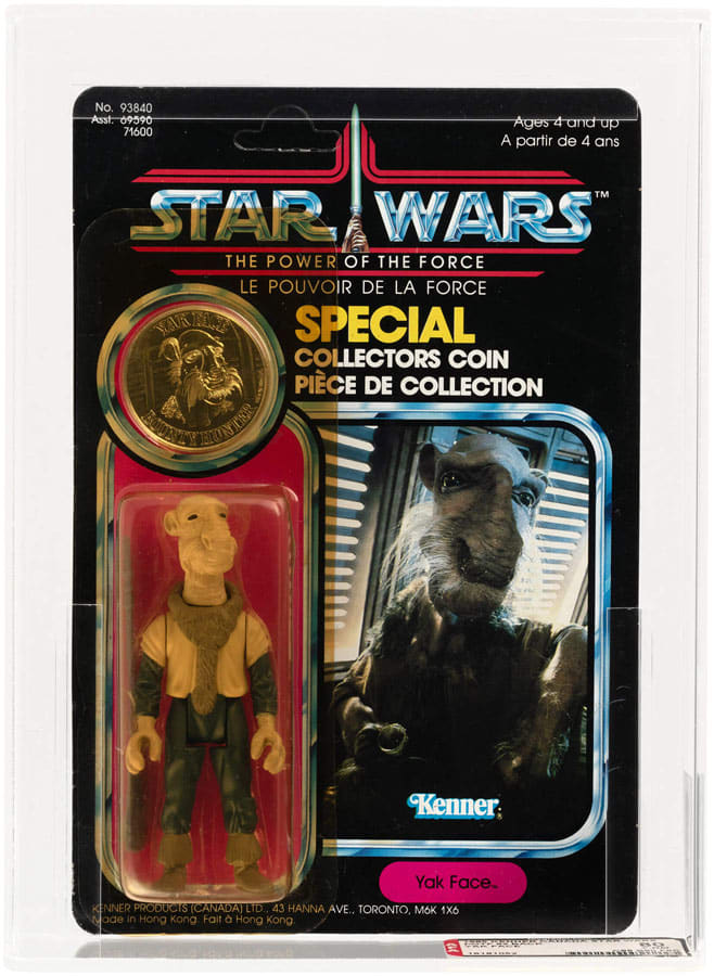 Kenner Canada Star Wars: The Power of the Force Yak Face 4" encapsulated action figure with matching aluminum collectors coin, 92 Back blister card, AFA-graded 80 (Yellow) Y-NM. This sold for $19,145, a world-record price for this particular figure in this grade. This was a 1985 release to foreign outlets only. Provenance: Doug McKibbon collection.