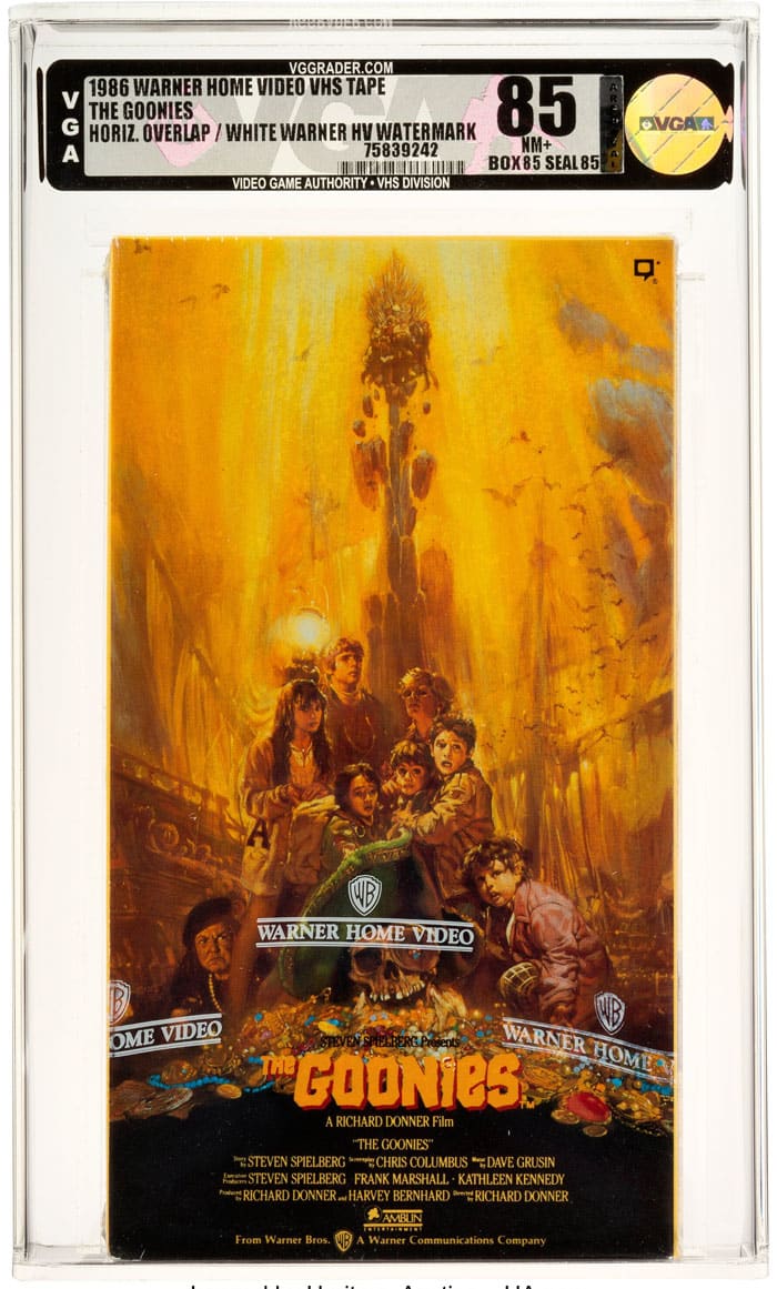 A near-mint-plus VHS copy of "The Goonies," featuring the coveted white wraparound Warner HV watermark, sold for $50,000, making it the auction’s second-highest-selling lot.