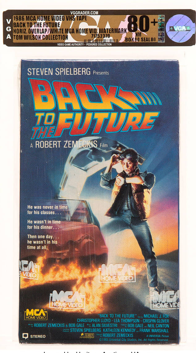 This 1986 VHS release of "Back to the Future" sold for a record $75,000. This is not only one of the earliest known VHS copies with its wraparound MCA Home Video watermarks and double-stamped MCATM tape, but is from the collection of "Back to the Future" actor Tom Wilson, who played bully Biff Tannen.