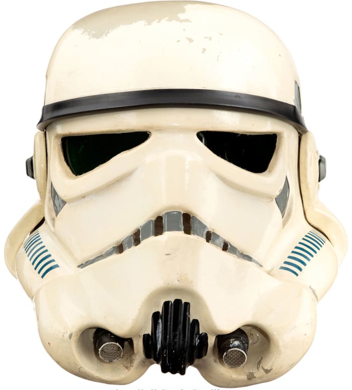 Screen-matched "Stop that ship! Blast 'em!" original Stormtrooper (Sandtrooper) helmet from "Star Wars Episode IV - A New Hope."