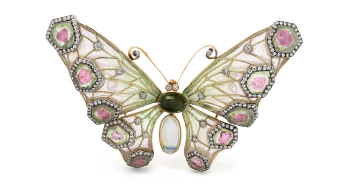 Evelyn Clothier plique-a-jour enamel, diamond and multi-gem butterfly brooch, $10,000.