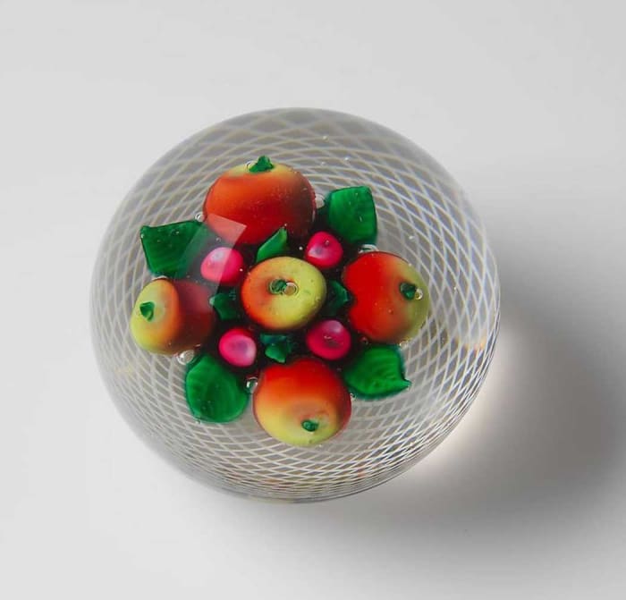 A fruit-and-leaves paperweight, New England Glass Co., c. 1850-80.