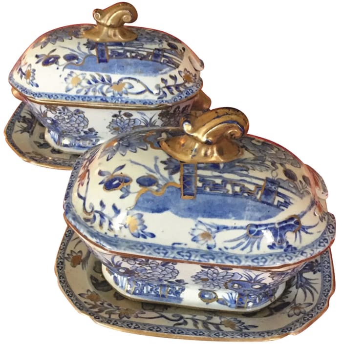 Gravy never had it so good being served from a pair of early 19th century Mason’s Patent Ironstone China sauce tureens and matching underplates decorated with a pattern of fence gate and peonies: $1,950. 