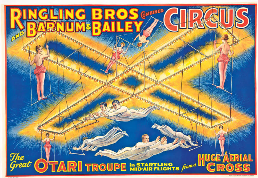 The Great Otari Troupe Act of the  Ringling Bros. and Barnum & Bailey Combined Circus lit up a show with  a huge aerial cross act done with  black lights and special rigging.  This circa 1936 Erie Lithograph  poster captures the stunning  mid-air flight moment perfectly.