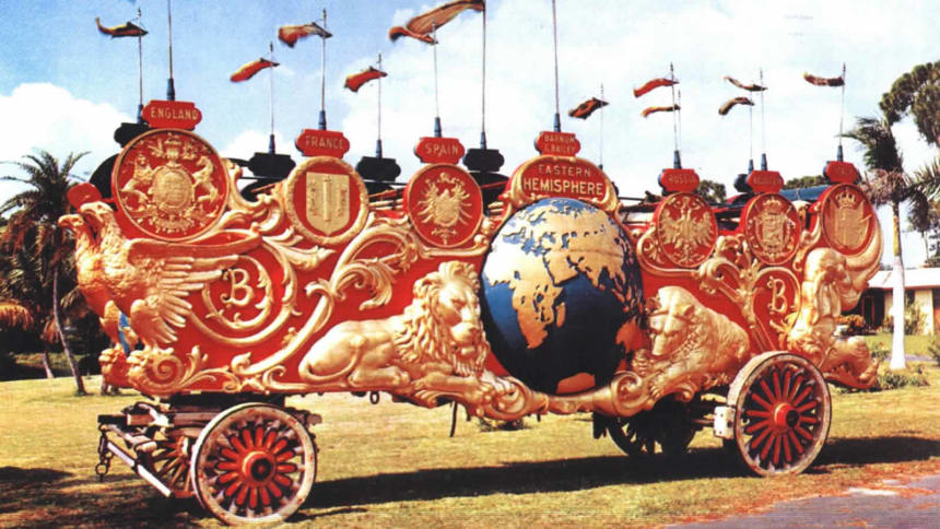 The beautiful Barnum & Bailey’s “Two Hemispheres Circus Bandwagon,” debuting in 1903, is the largest bandwagon ever built at 28 feet and 6-1/2 tons. Harry Ogden of Strobridge Litho. Co., Cincinnati, Ohio designed it. Sebastian Wagon Co. of New York fabricated it with both Samuel A. Robb and the Spanjer Co. of Newark, NJ supplying the massive wood carving bas reliefs of “continents” on the either side of the wagon. Canadian circus historian Peter Gorman purchased it at Heritage Auctions in 2016 for a record $250,000. Currently, it is appraised at more than $1 million.