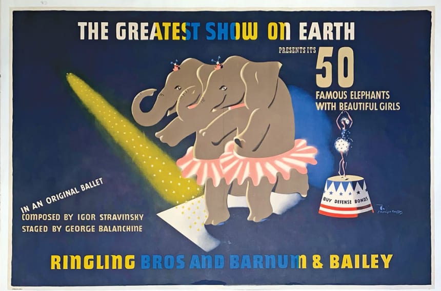 The American artist Edward McKnight Kauffer designed this delightful 1942 “Elephant Ballet” poster for the Ringling Bros. and Barnum & Bailey combined show. Igor Stravinsky composed the music and George Balanchine, one of the most influential choreographers of the 20th century, staged the performance.