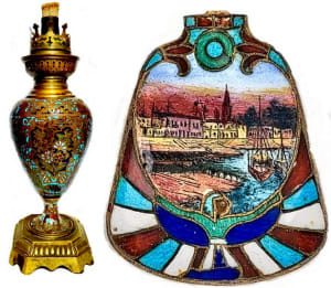 At the left is a 9-inch tall bronze lamp decorated overall in brightly colored enamel in a floral motif. The enamels are in blue, yellow, red, green, turquoise and white. The lamp was made in Leipzig, Germany by HASAG (Hugo Schneider), a company that began making lamps in 1863. The detail of the bowl of a 1920s Egyptian revival spoon, right, displays the high quality and fine detail than was achieved in the use of enamels. The absence of damage attests to the durability of enamel on this 150-year-old lamp and nearly 100-year-old spoon.