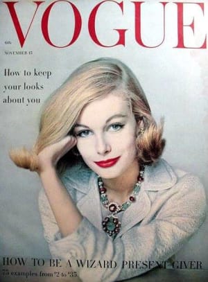Monique Knowlton on a 1958 cover of American Vogue in her modeling days. Photo is by Richard Rutledge and from her Facebook fanpage.