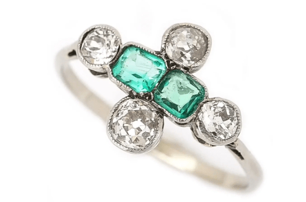 Some engagement rings feature gemstones, in addition to diamonds. An Art Deco platinum, diamond and emerald six-stone engagement ring, circa 1920, $1,790.