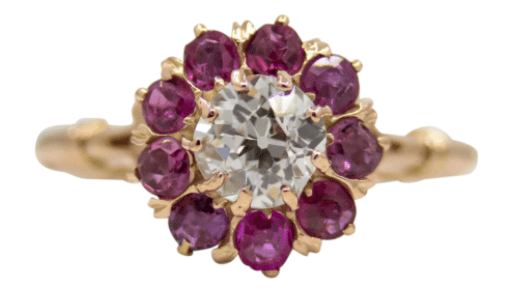 Victorian old mine-cut diamond and ruby engagement ring in 14-carat yellow gold, $2,316.