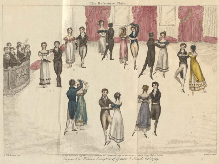 The steps of Regency waltzing including the Four March Steps, the Slow Waltz, the Sauteuse Waltz, the Jetté Waltz and German Waltzing, 1816.