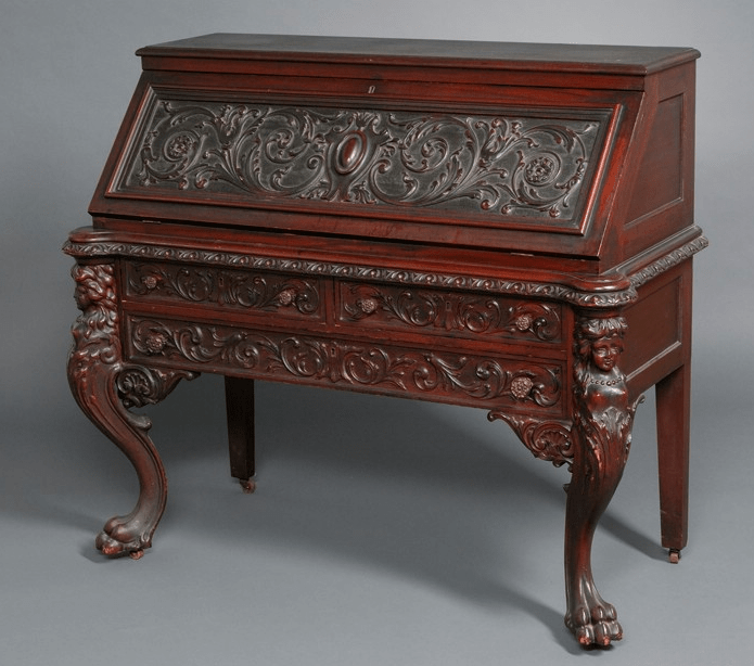 Late Victorian Carved Mahogany Slant-lid Desk