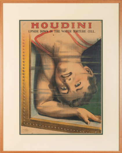 This poster, a decidedly dramatic and artistic depiction of the underwater escape Harry Houdini debuted in 1911, sold for $112,500. In performance, the magician freed himself from a sturdy tank made of glass, metal, and hardwood, filled with water and outfitted with a set of ankle stocks at its top. Houdini extricated himself from the locked cell after many nerve-wracking minutes had elapsed, after the audience had been instructed to hold its breath along with the magician while he remained submerged.