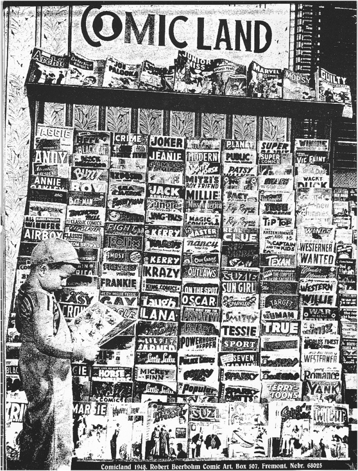 A “ComicLand” comic book stand from 1948 shows all of the choices children had for their reading pleasure, including a mix of true stories and fantasy adventures.