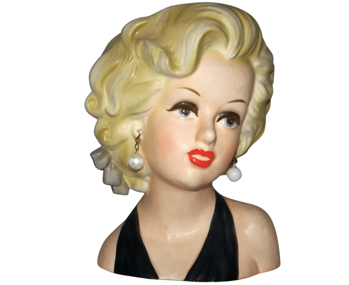 A rare Marilyn Monroe  head vase by Relpo, with all of  the original labeling, 1955, 7”; $2,600.