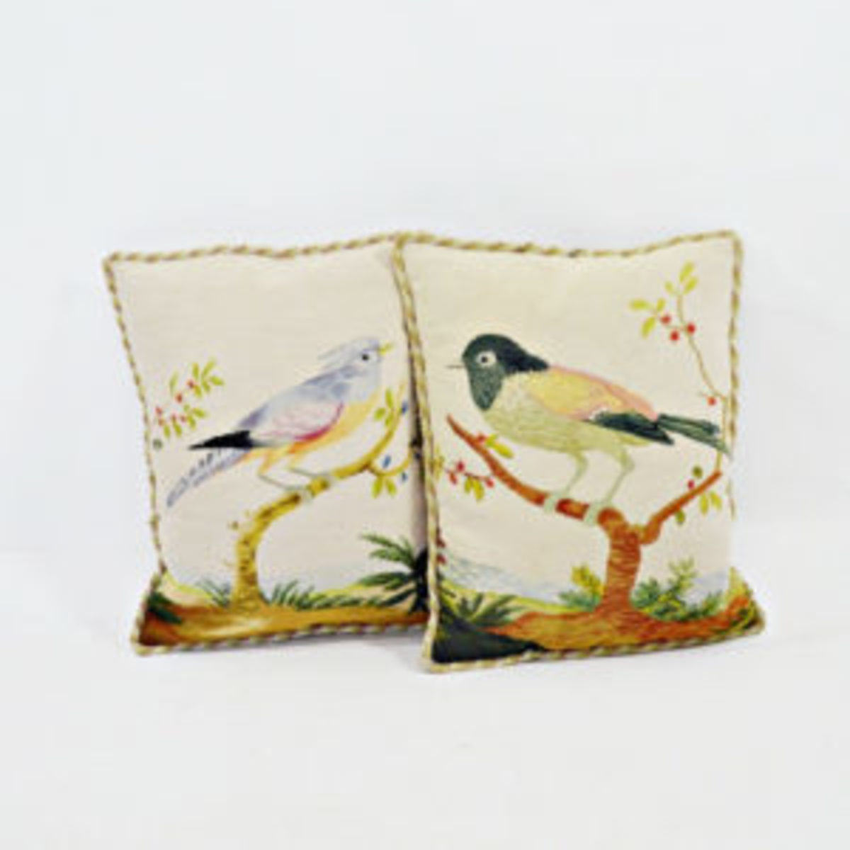 A pair of needlepoint pillows with bird designs, rope trim, dark tan cotton backing and a wool, needlepoint front with two different birds perched on branches. Includes two pillow inserts. $1,050.