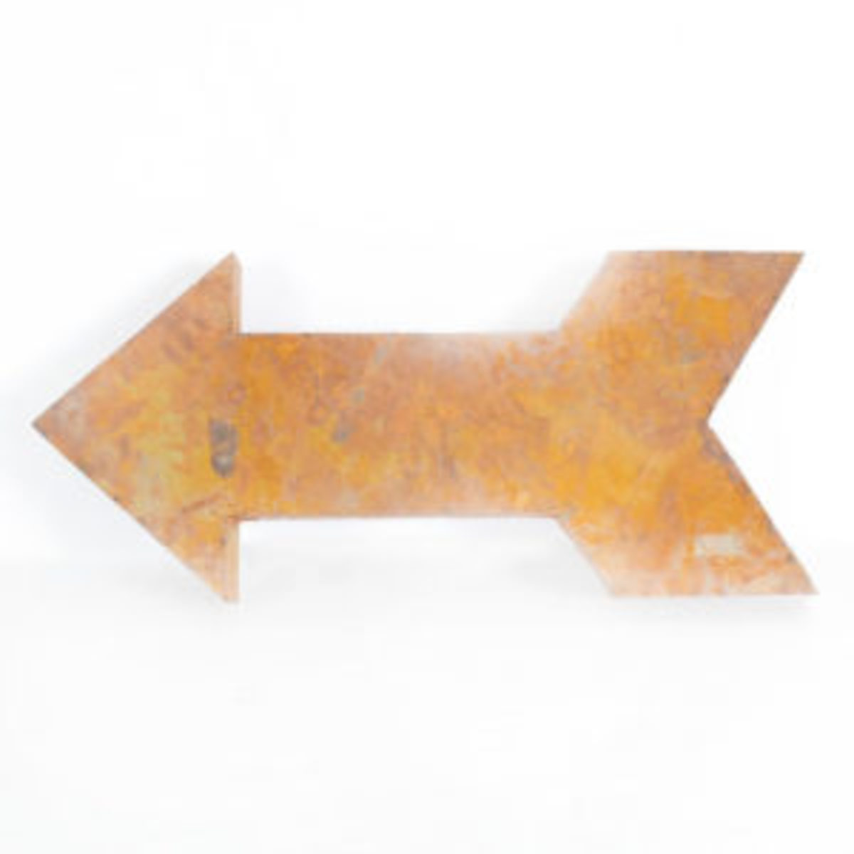 A hollow sheet metal arrow, originally a sign piece, with rusty patina consistent with long-term outside use, $112.