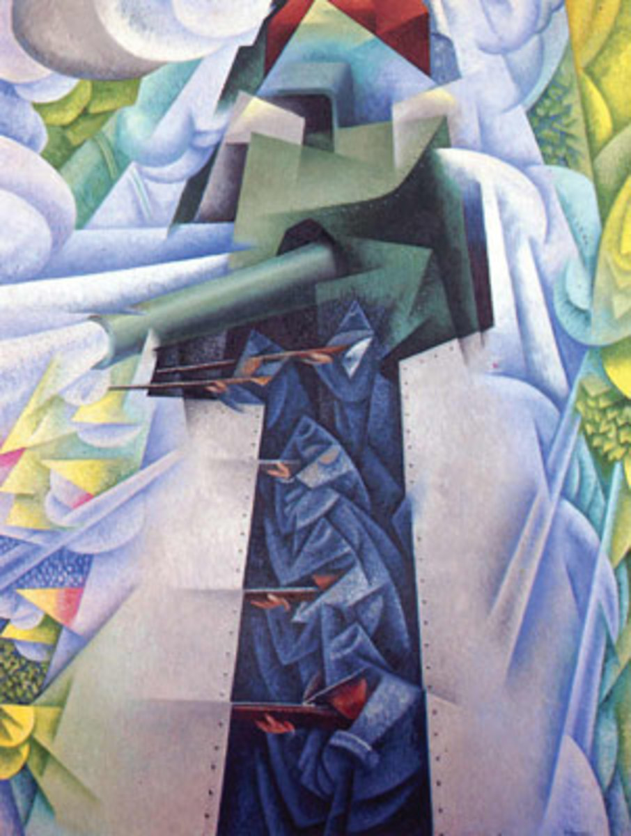 Gino Severini (French/Italian, 1883-1966), Armored Train in Action, 1915, measuring 45 5/8 by 34 7/8 inches. Housed in the Museum of Modern Art, New York, a gift of Richard S. Zeisler. © 2014 Gino Severini / Artists Rights Society (ARS), New York / ADAGP, Paris