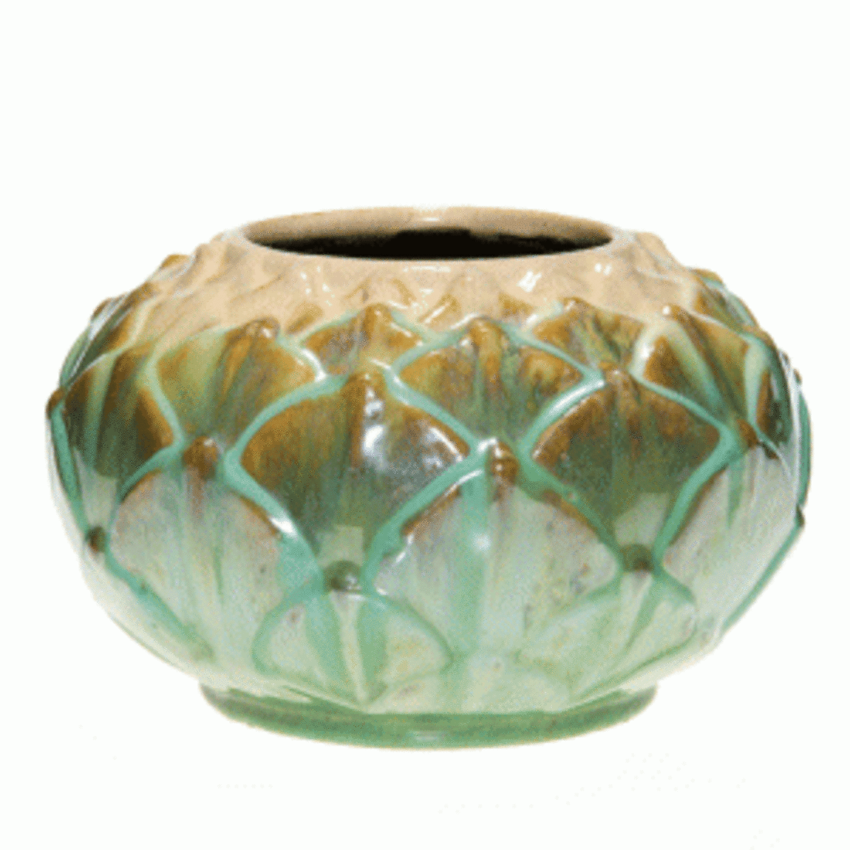 Fulper Artichoke bowl, having an ivory glaze at the rim that gives way to the Flemington green flambe. Impressed with the Fulper middle-period racetrack mark. An uncommon shape with a nice glaze, there are several small burst glaze bubbles. Size is 5 1/2 inches high and 8 1/2 inches across. $700. (Photo courtesy Mark Mussio, Humler & Nolan)