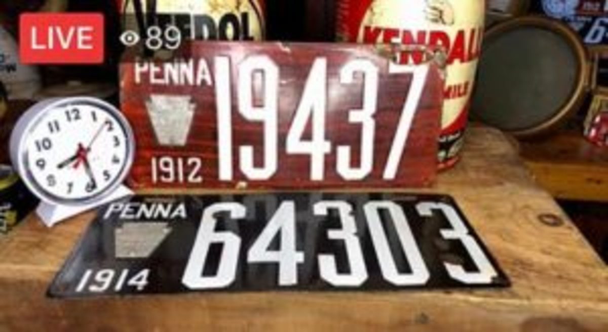  The simple setup from a recent Facebook Live auction by Early Bird Auctions, complete with alarm clock. In this case, bidding started at $5, and the 1912 license plate sold for $95.