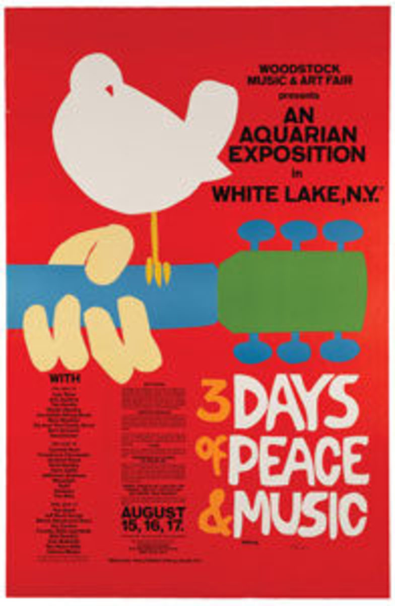  The Woodstock festival poster, arguably the most recognizable music poster in history, was designed by artist Arnold Skolnick. This rare original signed poster sold for $10,625 at auction. Image courtesy of Heritage Auctions
