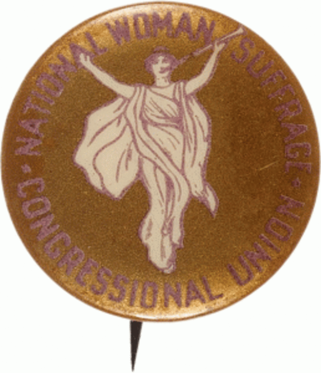 Women’s suffrage button, inscribed with “National Woman Suffrage Congressional Union” fetched $687.50 at auction in July 2014. (Photo courtesy Heritage Auctions)