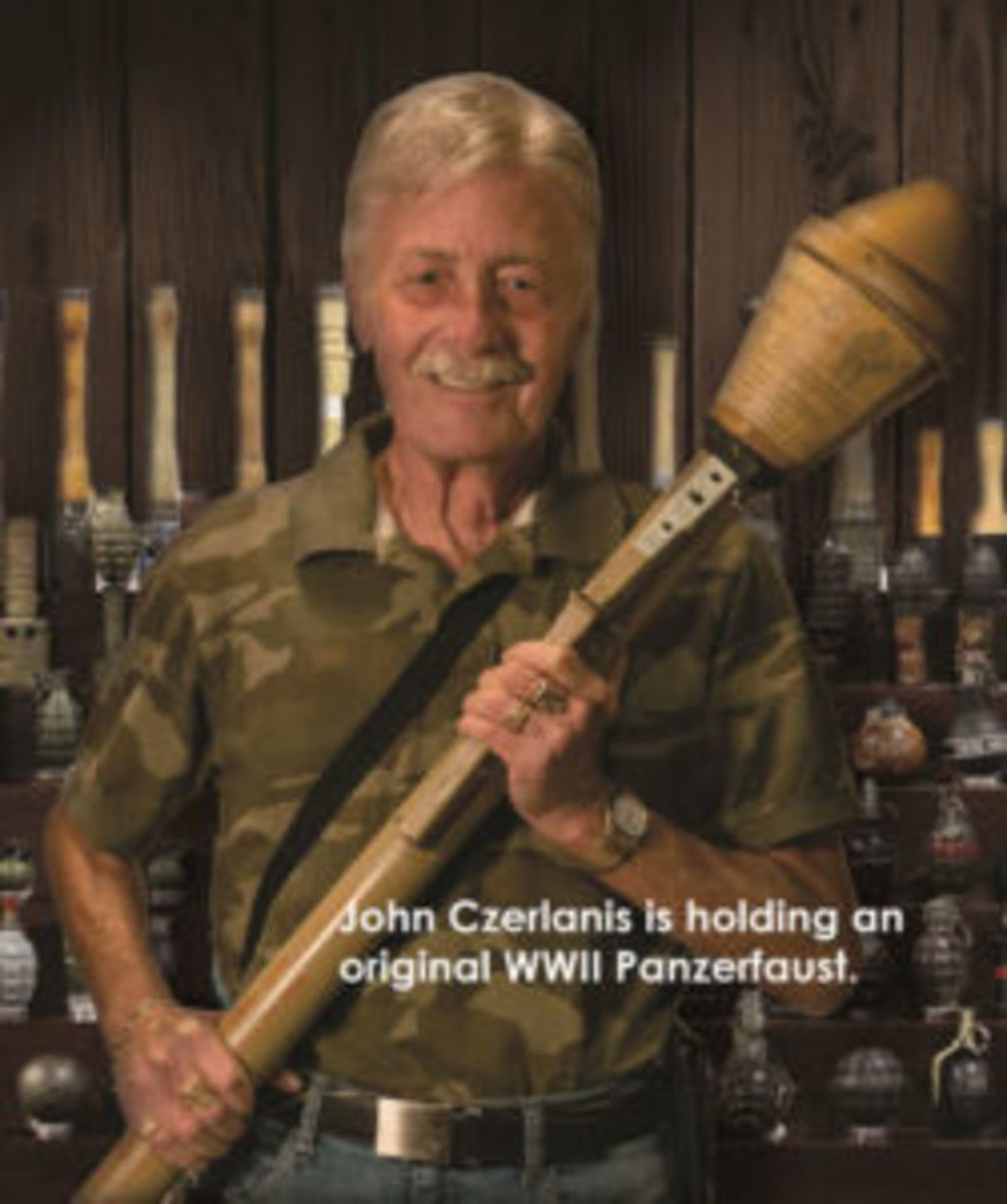 John Czerlanis with grenade. Photo courtesy Donley Auctions.