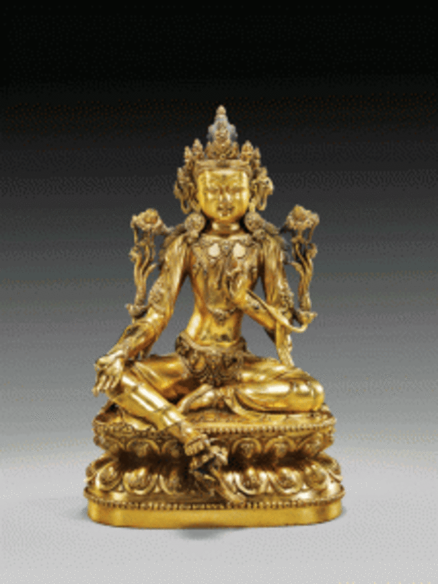 A 15th century early Ming Dynasty gilt-bronze Bodhisattva, 9-7/8 inches, was the auction’s top lot, selling online for $350,000. I.M. Chait image