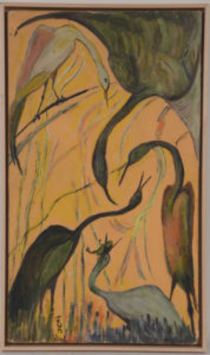 Framed oil on board painting by Jon Serl (American, 1894-1993), titled Stilts, signed lower right and dated 1966.