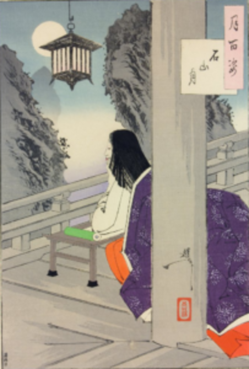 Murasaki depicted gazing at the Moon for inspiration