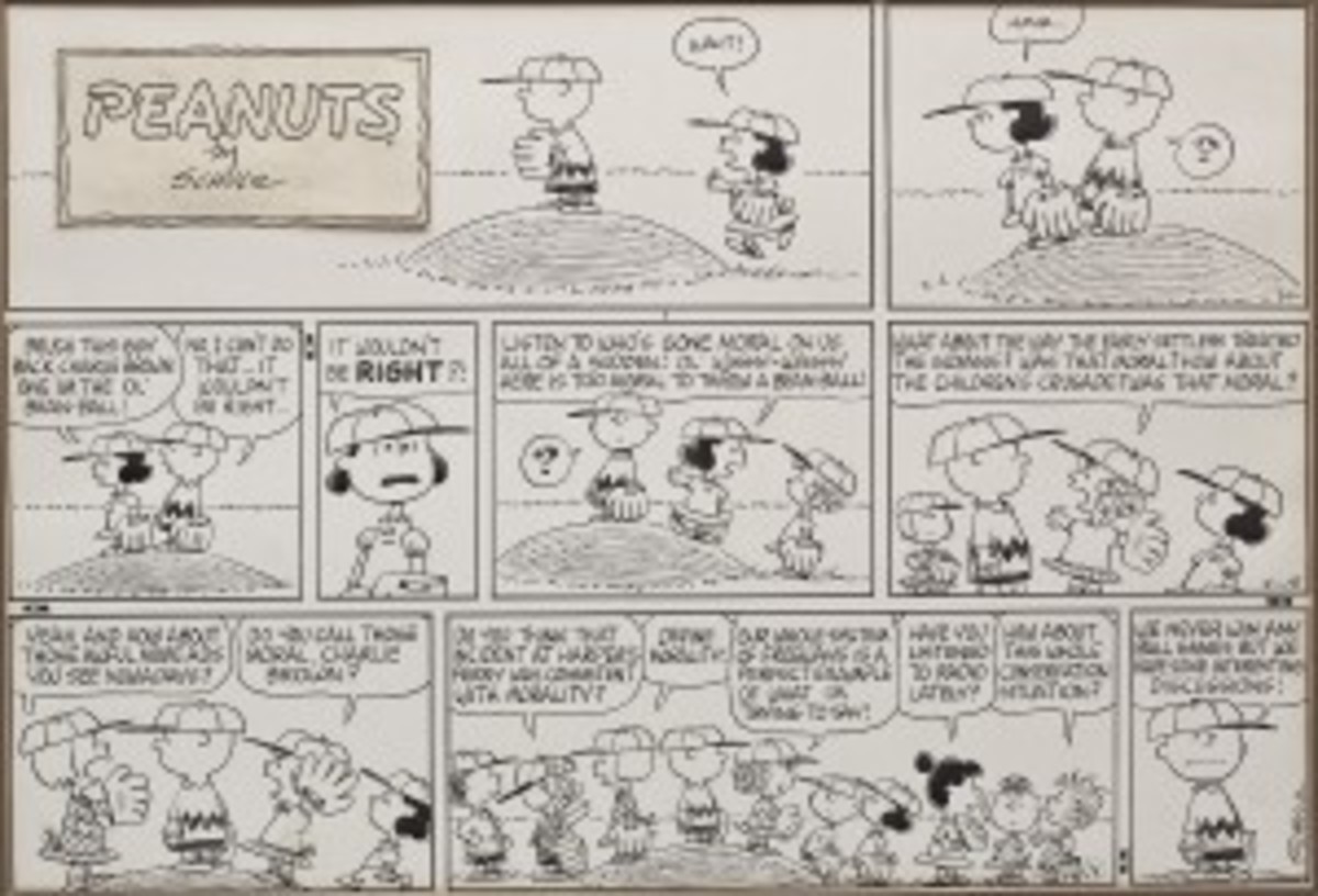 An original Charles Shulz comic strip, depicting the dialogue of the 'Peanuts' gang during a baseball game, realized $27,000. (Photo courtesy Cordier Auction)