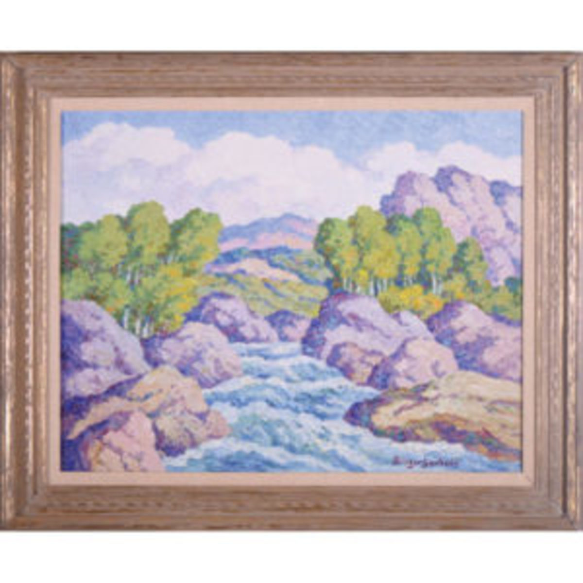 Original oil on board painting signed by the Swedish-born American painter Birger Sandzén (1871-1954), titled In Boulder Canyon, Colorado (1949), $39,000.
