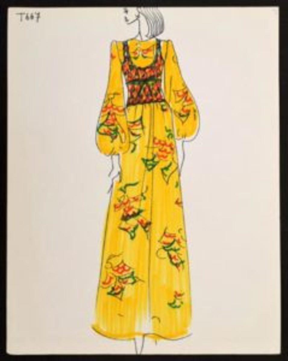Karl Lagerfeld (German, 1933-2019), original drawing on card stock of peasant-style dress with hand coloring by the designer. Sold for $2,990.