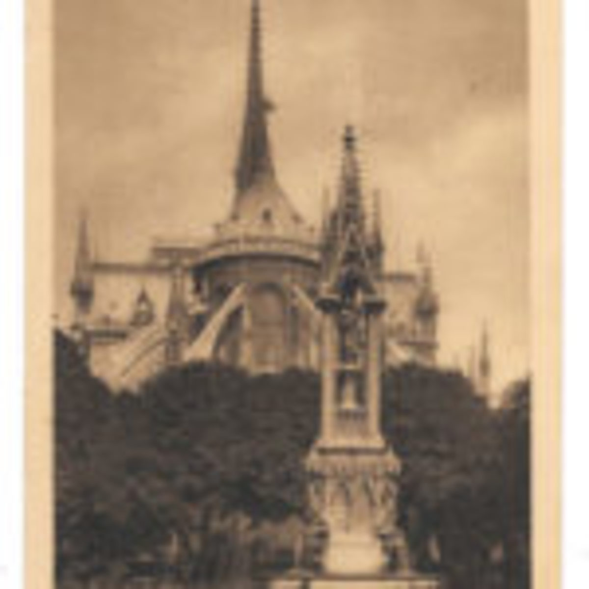 The flying buttresses, which transfer the weight of the walls to external supports, can be seen in this 1970s photo view from the east of Notre-Dame de Paris by Mona.