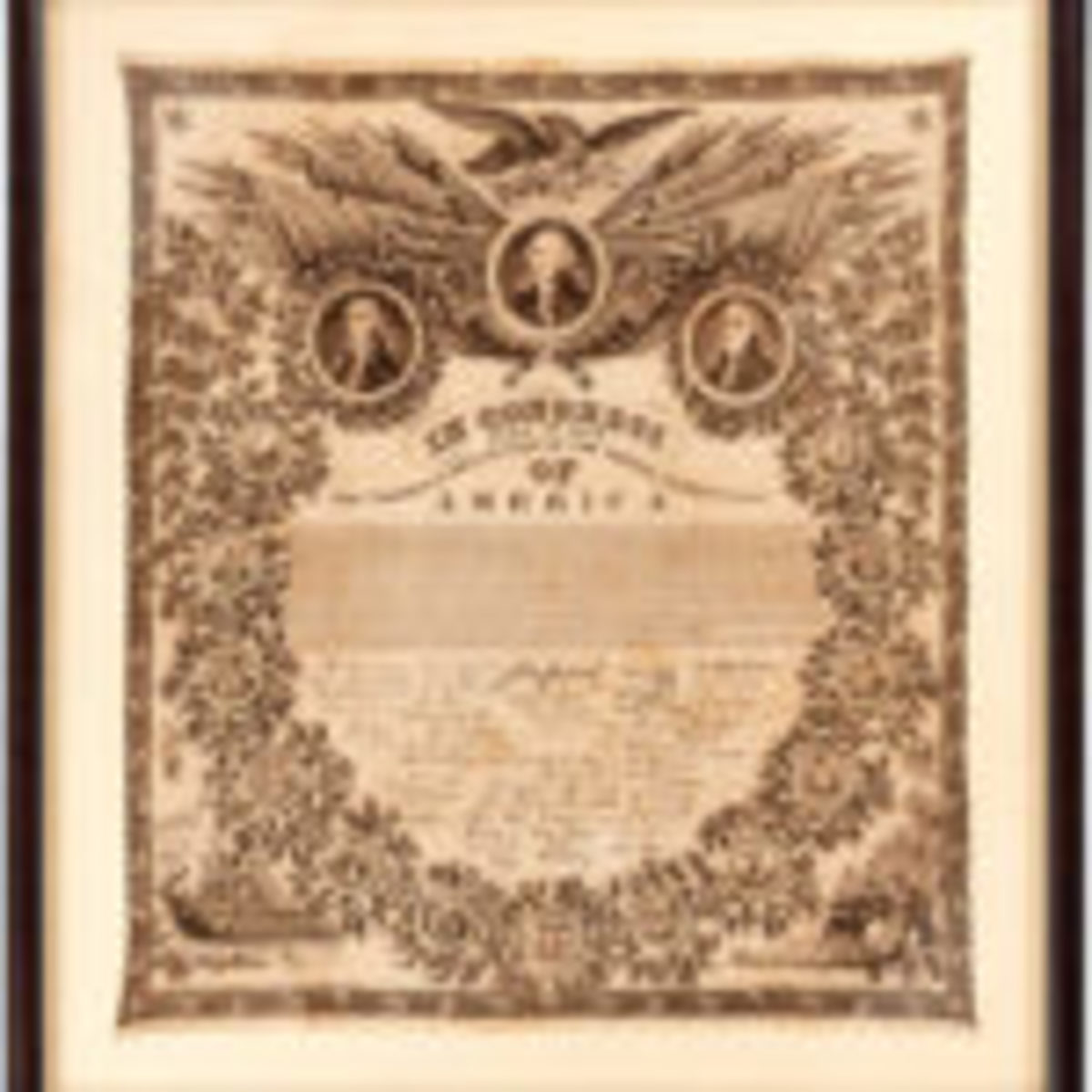 Exceptional circa-1821 textile printing of the Declaration of Independence. Sold for $20,774 against an estimate of $1,000-$5,000.