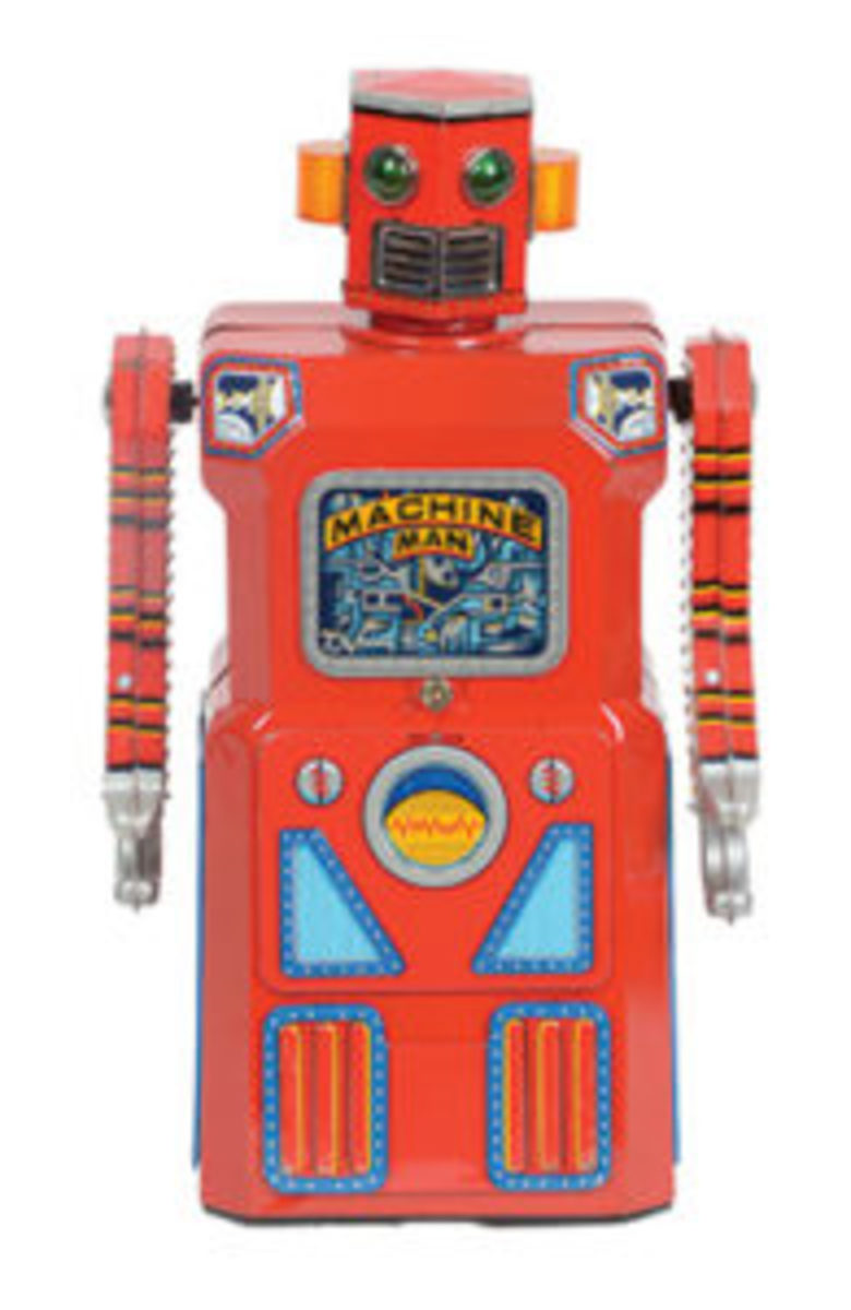  Masudaya “Machine Man” tin-litho battery-operated robot from Gang of Five series, near mint, one of the finest examples known, consigned by original owner, sold for $86,100. All images are courtesy of Morphy Auctions