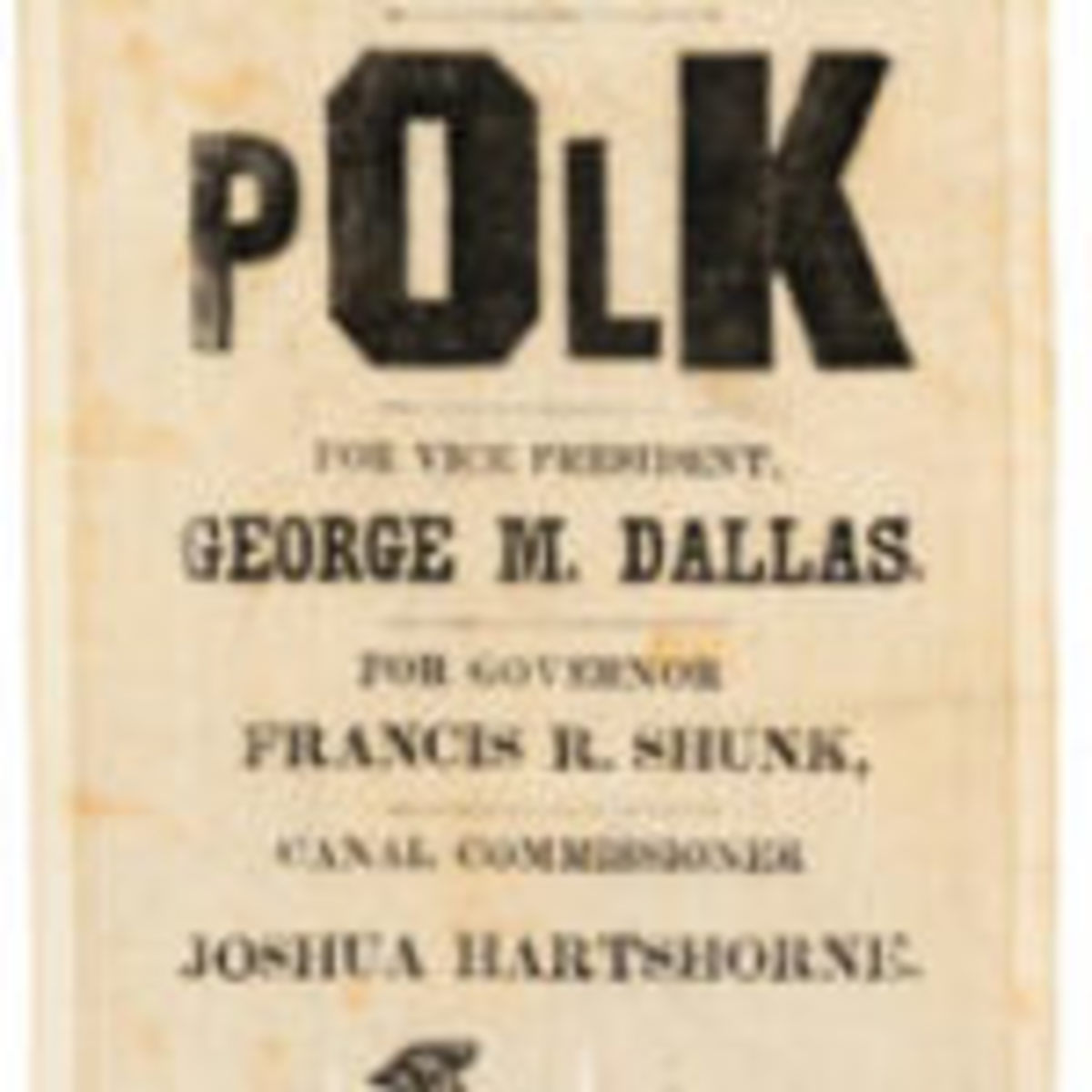  Ribbon, 1844, James Knox Polk, “Justice & Equal Rights Polk,” eagle, wings spread, carries an American flag in its beak and at bottom is stately rooster, rare, 8” l. $4,260Courtesy of Hake’s Auctions, www.hakes.com
