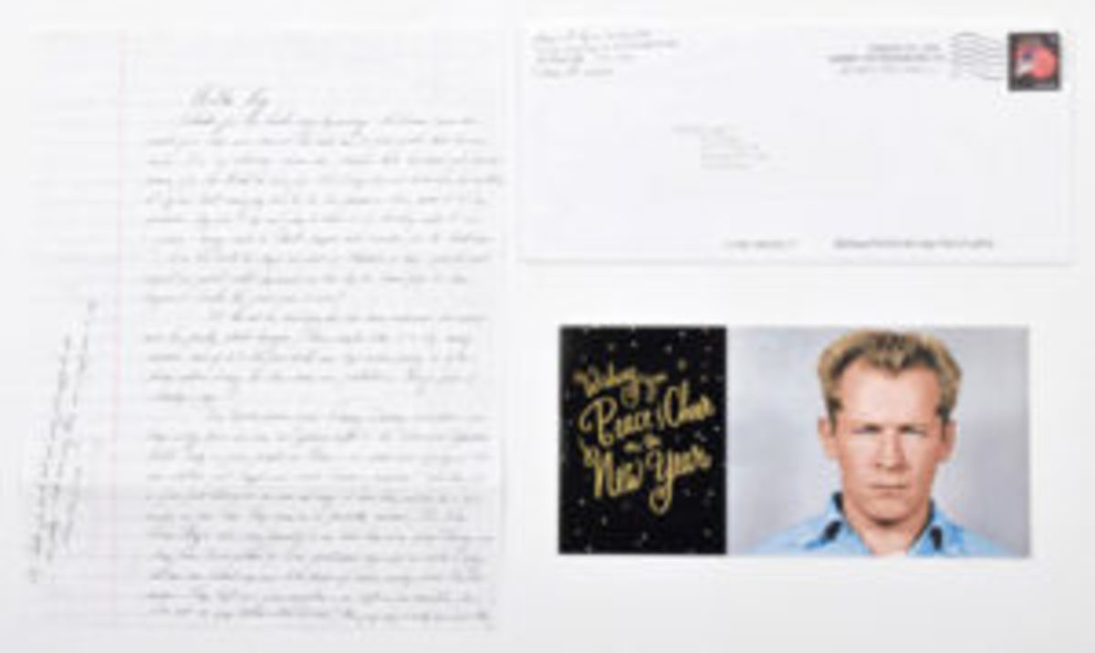 2015 holiday card sent by gangster Whitey Bulger featuring his 1959 Alcatraz mugshot and a cordial seasonal greeting. Sold together with a handwritten letter for $1,430.