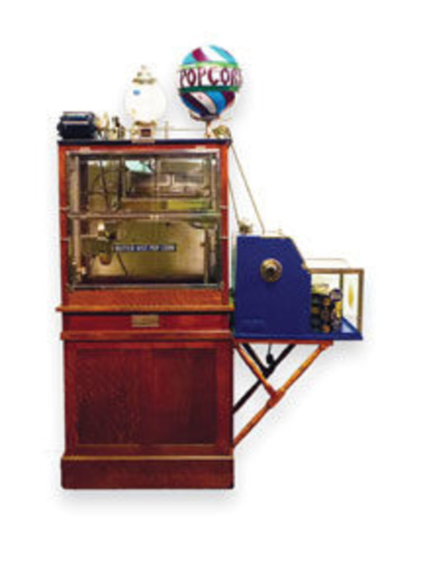  A beautiful “Butter-Kist” popcorn machine with peanut roaster was manufactured by Holcomb & Hoke of Indianapolis, IN, circa 1916. This machine allowed a person to become an instant businessman. It originally sold for $12,000, which is over $28,000 today; estimate: $8,000-$10,000.