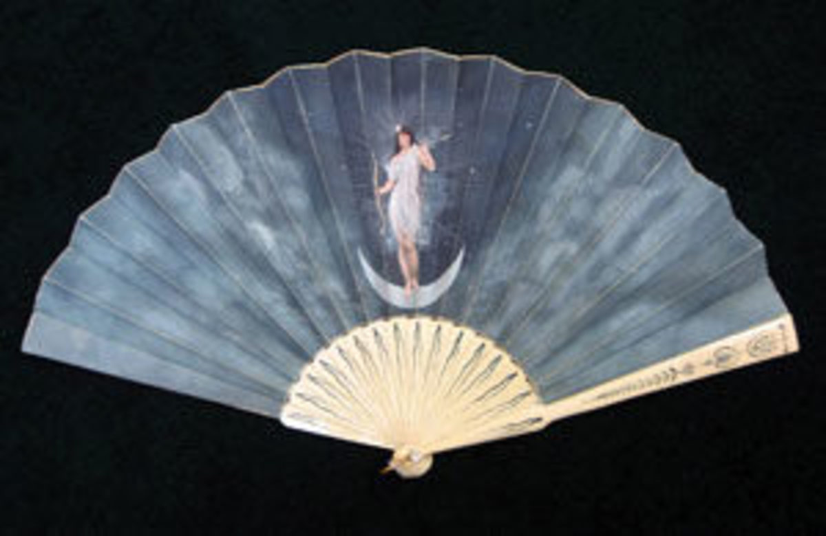  Mythological scenes, gods and goddesses were common subjects on fans in the 18th and 19th centuries. This one from the late 19th century features Diana, Goddess of the Moon. From a private collection.