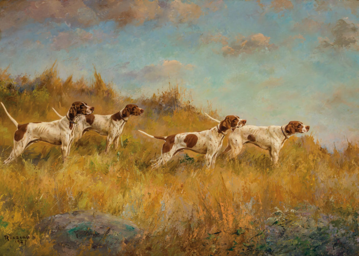  Percival Rosseau (American, 1859-1937), Pointers on the Hunt, 1927, oil on canvas, signed and dated, 23” x 32-1/4”, was top lot at $100,000.