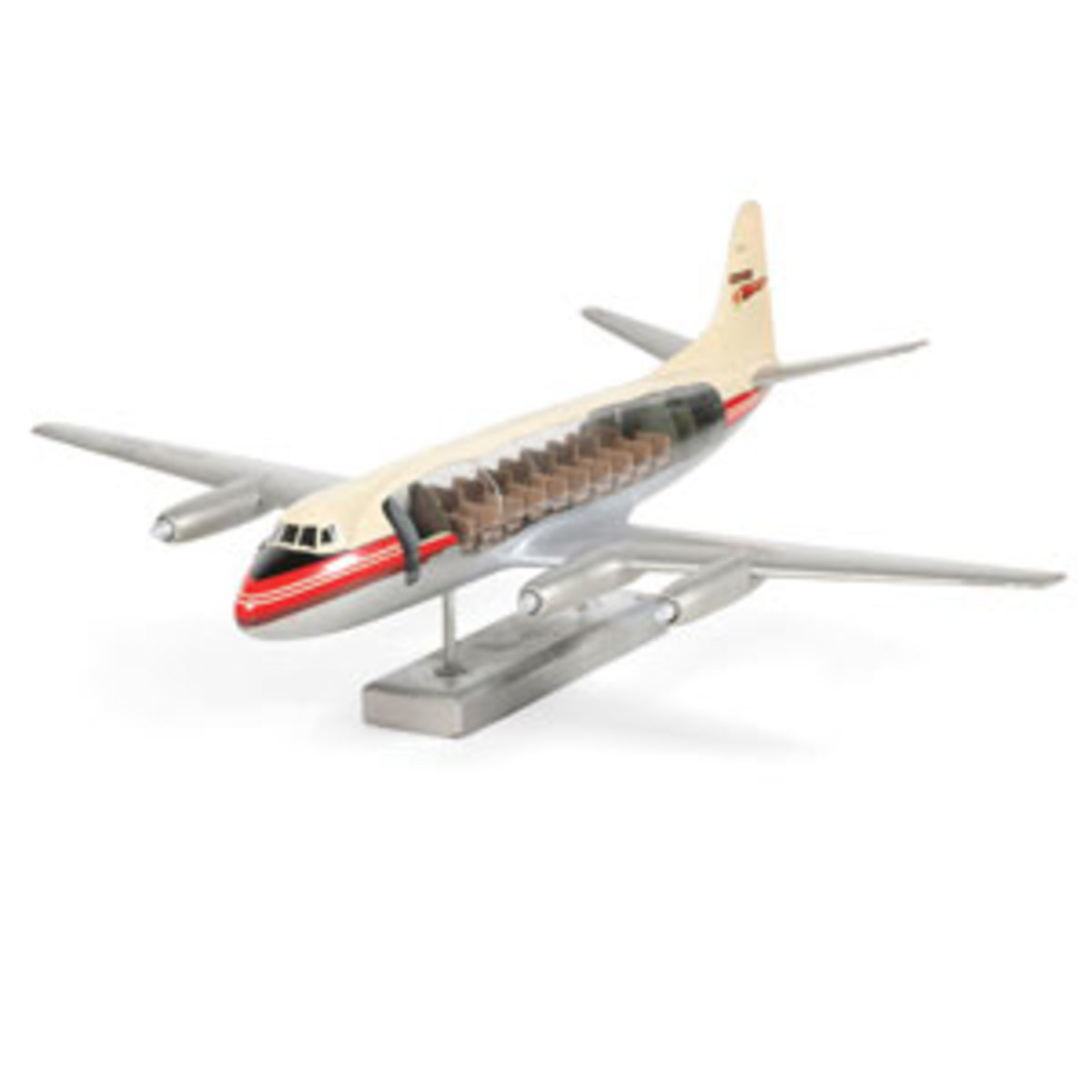  Large-scale Trans-Canada Viscount cutaway model airplane, 1:24 scale, featuring transparent acrylic body, 47” l, $9,000.