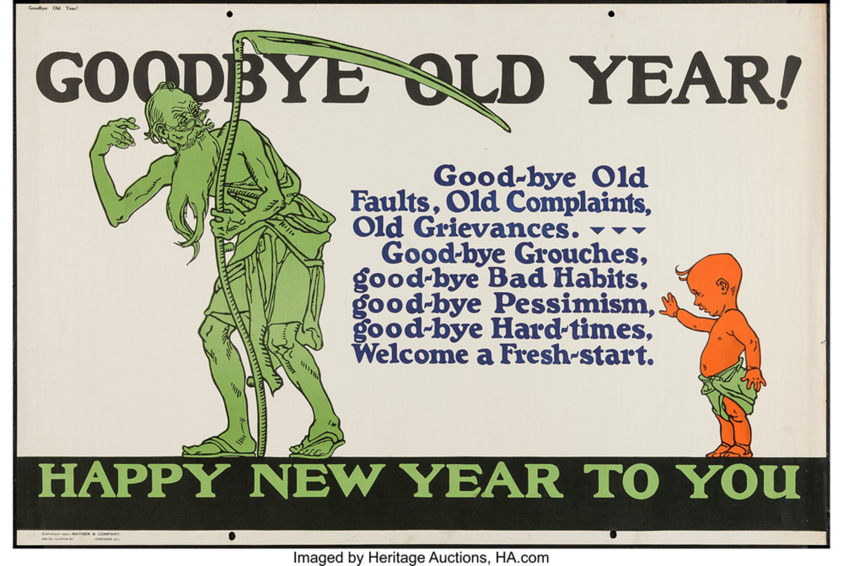Say goodbye to old tribulations and welcome a new start. Mather & Company, 1923, 28” x 41-1/2”, $537.