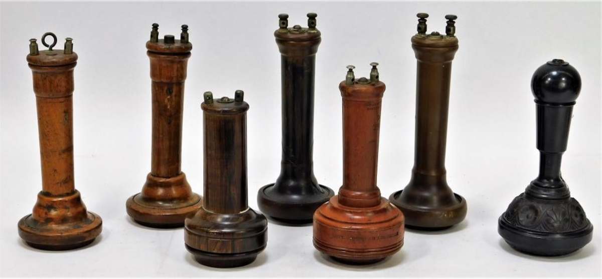 This lot of five 19th century solid-color receivers was also popular and sold for thousands more than expected. One marked “36,” one marked “42,” one marked “Property of Bell Telephone Co.” and “D 296,” from the collection of the New Jersey Telephone Pioneers of America Museum. The smallest is 5-3/4” x 2-1/2”  and the largest is 7-1/2” x 2-3/4”, $6,000 (est: $400-$600). 