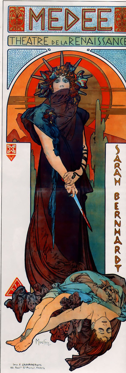 This is a faithful photographic reproduction of Mucha's poster for Medee that is in the public domain.