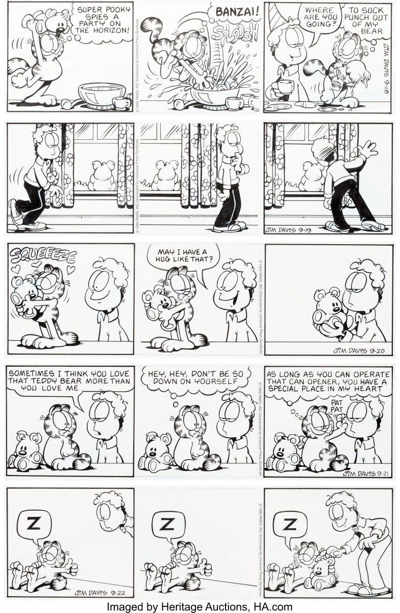 A group of five original art Jim Davis Garfield comic strips from 1995, United Feature Syndicate.